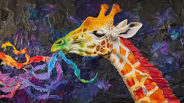 Giraffe eet regenboog Surrealistische collage met gescheurd papier