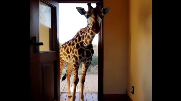 Giraffe enters a door