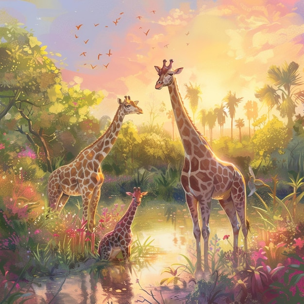Семейство жирафов рисует сцену Международного дня жирафа.