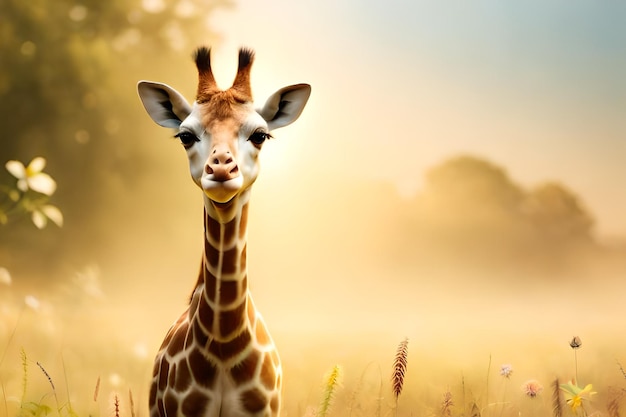 A giraffe in a field with a sun shining on it