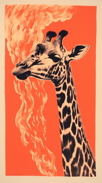 Foto giraffa in fiamme in stile retrò ia generativa