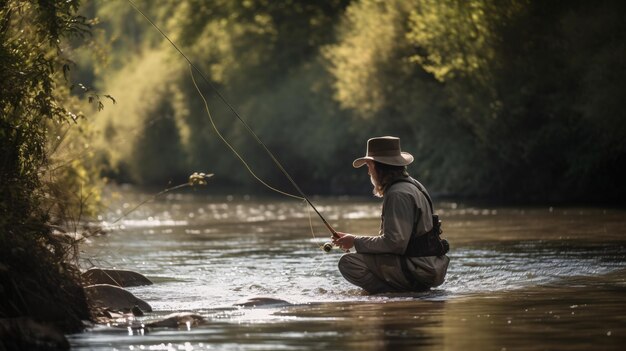 Giraffe Fly Fishing in a River with a Fly Rod Generative AI