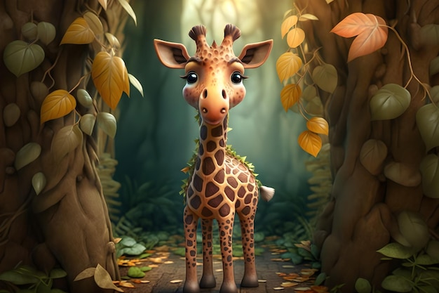 A giraffe in a forest with leaves on the ground