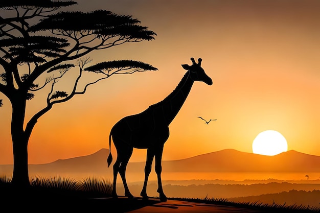 A giraffe in front of a sunset with a sunset in the background.