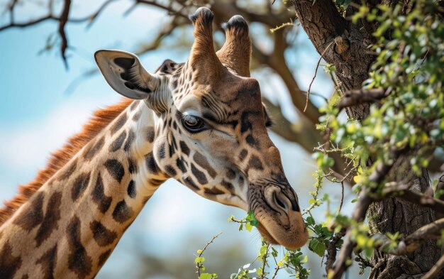 giraffe gracefully reaching for leaves on a towering acacia tree