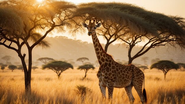 Foto una giraffa che pascola nella savana africana al tramonto