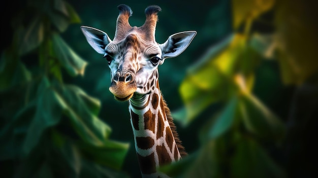 Giraffa sulla foglia verde bella giraffa ad alto contrasto