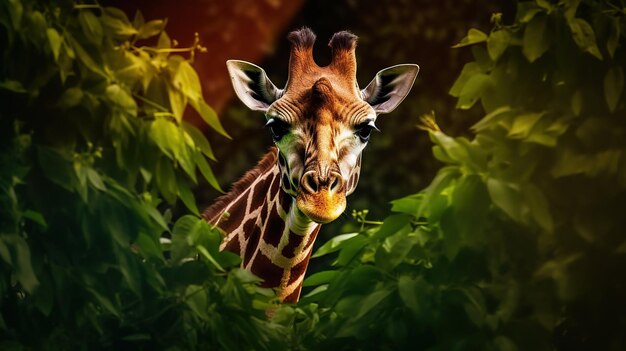 Foto giraffa sulla foglia verde bella giraffa ad alto contrasto