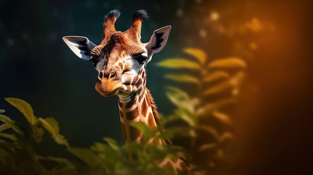 Foto giraffa sulla foglia verde bella giraffa ad alto contrasto