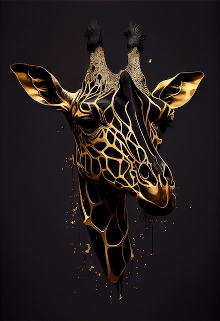 Foto testa di giraffa zoom ravvicinato in linee dorate e incandescente con un bagliore dorato arte digitale