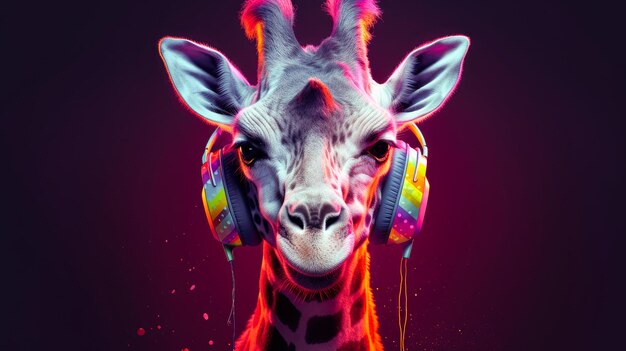 Giraffe hoofd in koptelefoon giraffe leastening muziek Generatieve AI