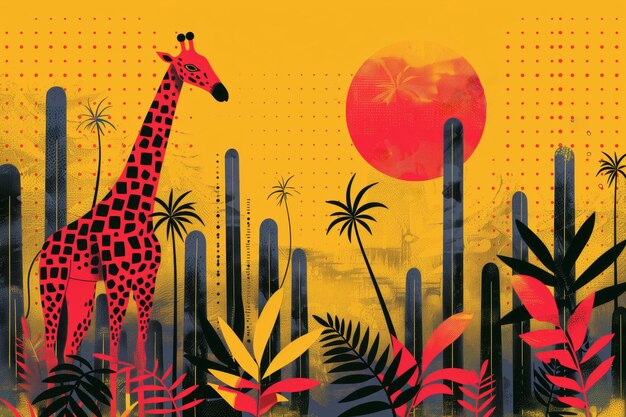 Giraffe in een surrealistisch woestijnlandschap met cactussen en een gigantische rode zon