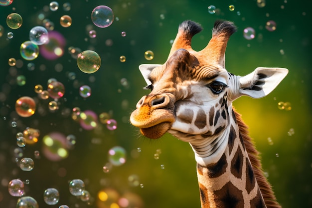 a giraffe is blowing bubbles in the air