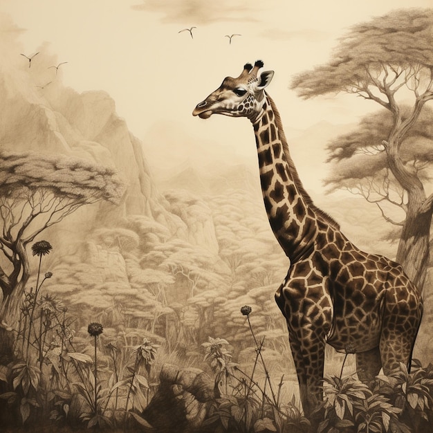 Жираф находится в поле с картиной жирафа.