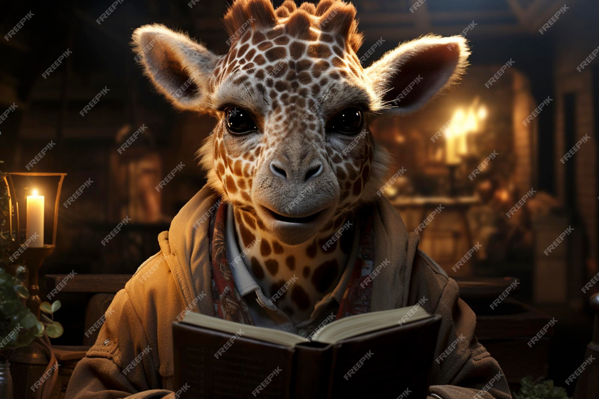 Premium Photo | A giraffe is reading a book in the dark