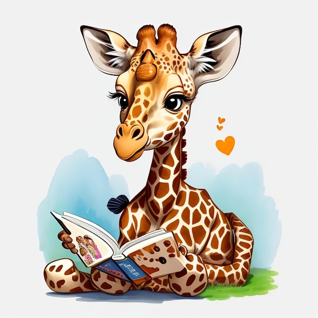 A giraffe is reading a book with a book titled giraffe.