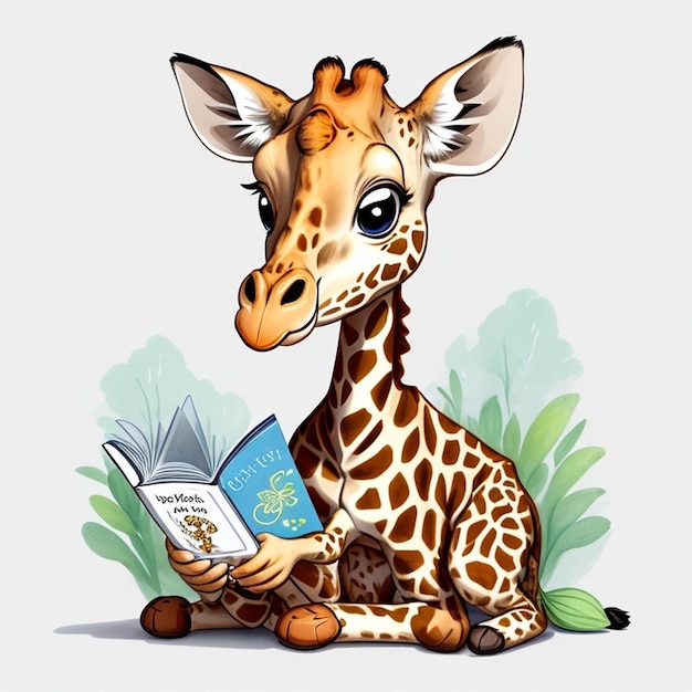 A giraffe is reading a book with a book titled giraffe.