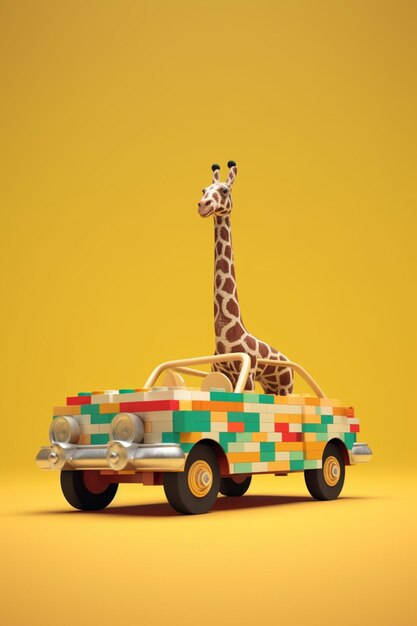 A giraffe is sitting in a car with colorful blocks on its hood