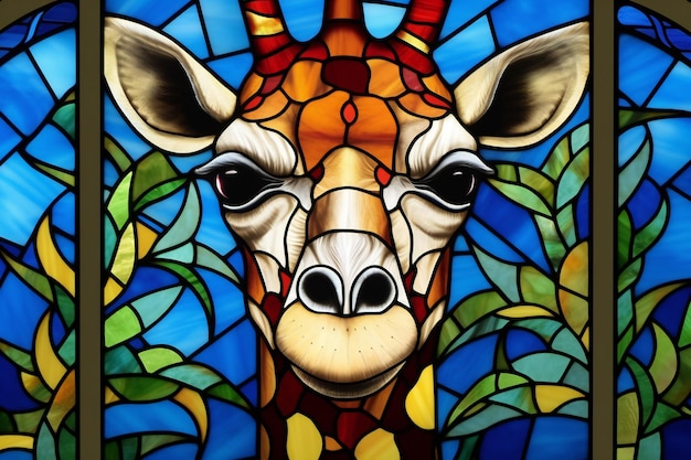 a giraffe is in a stained glass window