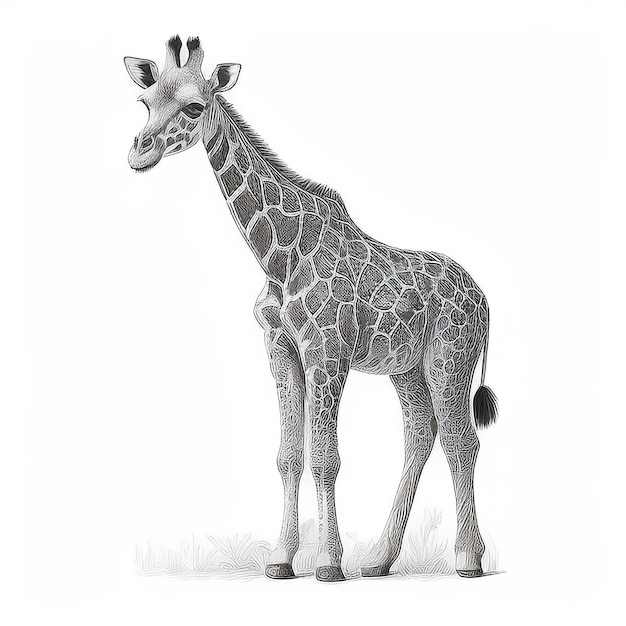 A giraffe is standing in a field and has a white background.