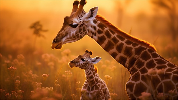 A giraffe is standing in a field with flowers in the background.