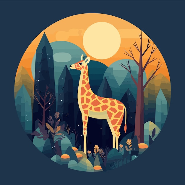 A giraffe is standing in a forest with a full moon in the background.
