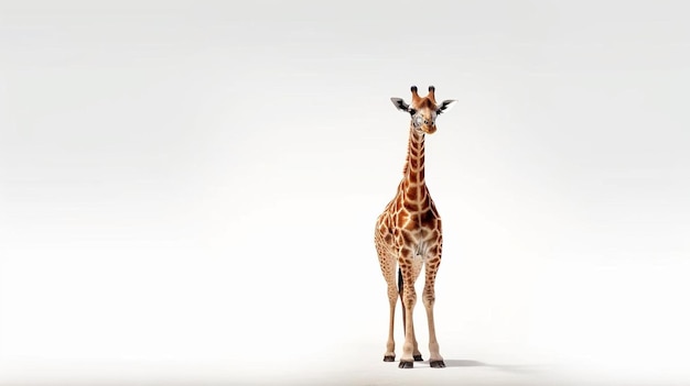 A giraffe is standing in front of a white background.