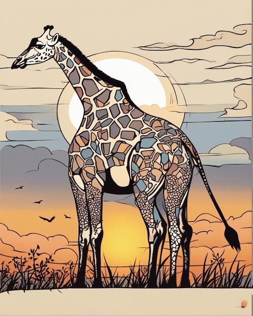 A giraffe is standing in the grass with the moon in the background.