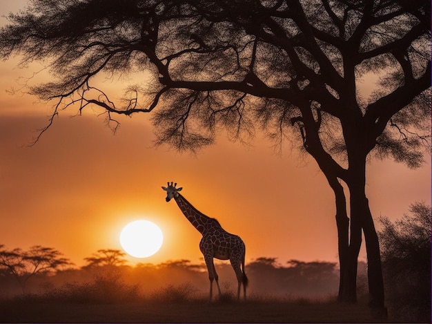 A giraffe is standing in the sunset with trees in the background.