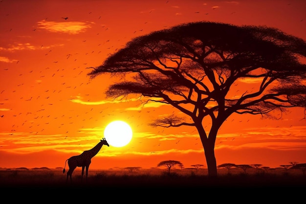 a giraffe is standing under a tree in front of a sunset