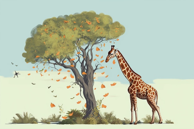 A giraffe is standing under a tree with leaves falling from it.