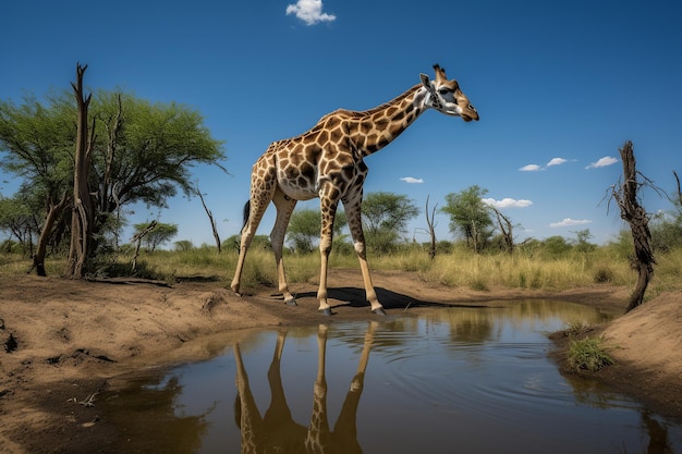 A giraffe is standing in a waterhole and the sky is blue.