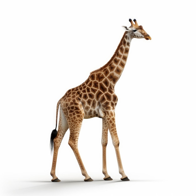 A giraffe is walking in front of a white background.