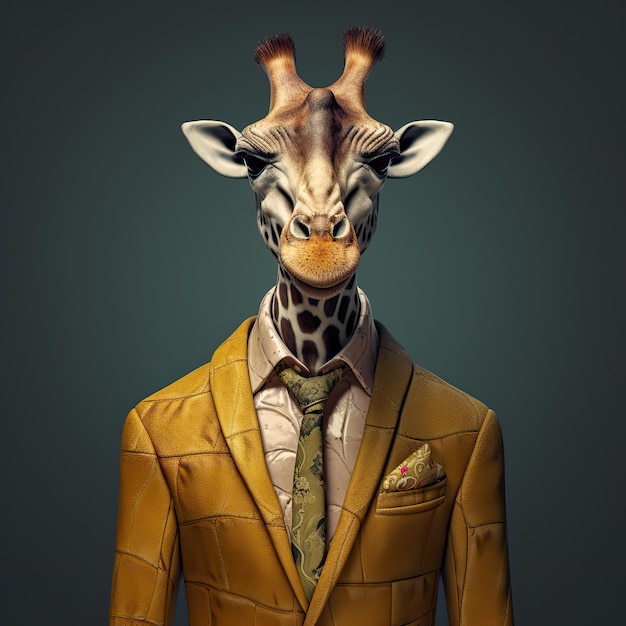 A giraffe is wearing a suit and a tie