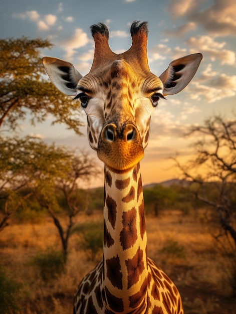 Giraffe in its natural habitat, wildlife photography: a graceful giraffe grazes in the sun-kissed african savannah, its long neck and spotted pattern standing out in the wild landscape.