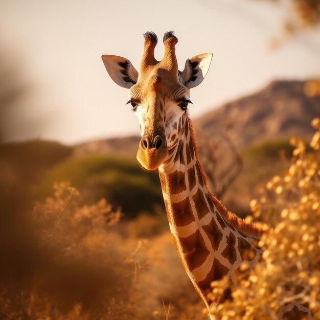 Giraffe in its Natural Habitat, Wildlife Photography: A graceful giraffe grazes in the sun-kissed African savannah, its long neck and spotted pattern standing out in the wild landscape.
