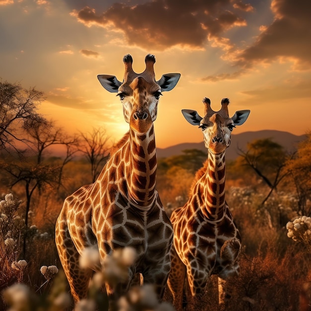 Giraffe in its Natural Habitat, Wildlife Photography: A graceful giraffe grazes in the sun-kissed African savannah, its long neck and spotted pattern standing out in the wild landscape.