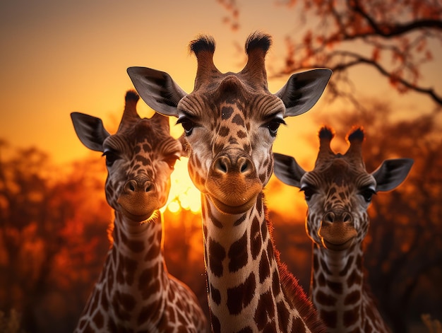 Giraffe in its Natural Habitat, Wildlife Photography: A graceful giraffe grazes in the sun-kissed African savannah, its long neck and spotted pattern standing out in the wild landscape.