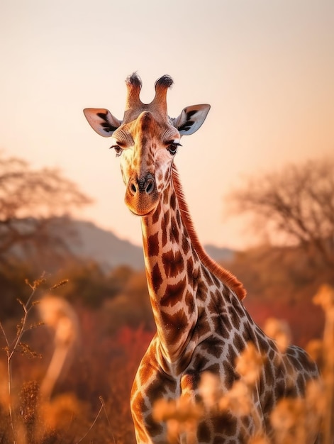 Giraffe in its Natural Habitat, Wildlife Photography: A graceful giraffe grazes in the sun-kissed African savannah, its long neck and spotted pattern standing out in the wild landscape.