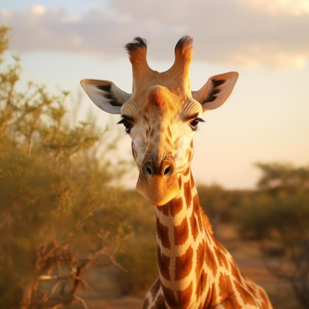 Giraffe in its Natural Habitat, Wildlife Photography: A graceful giraffe grazes in the sun-kissed African savannah, its long neck and spotted pattern standing out in the wild landscape.