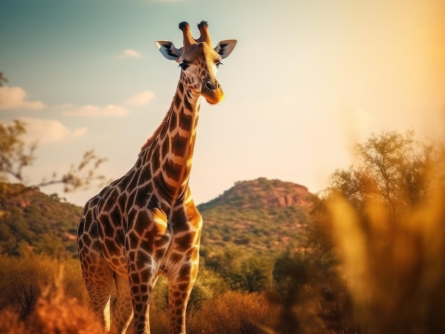 Giraffe in its Natural Habitat, Wildlife Photography: A graceful giraffe grazes in the sun-kissed African savannah, its long neck and spotted pattern standing out in the wild landscape.