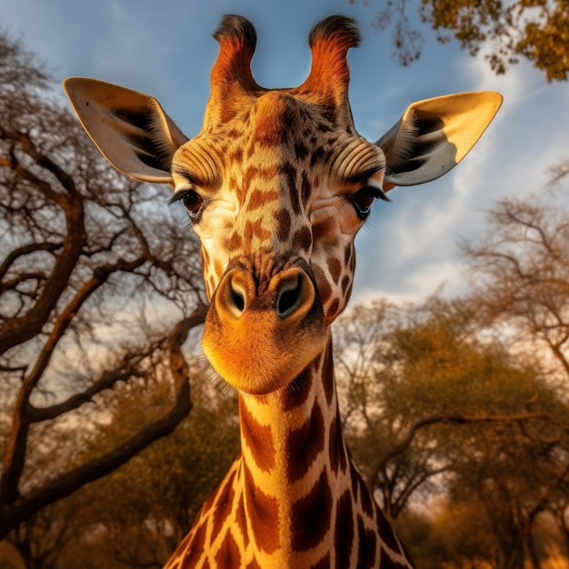 自然生息地のキリン、野生動物の写真: 太陽が降り注ぐアフリカのサバンナで優雅なキリンが草を食み、その長い首と斑点模様が野生の風景の中で際立っています。