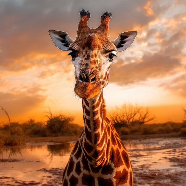 Giraffe in its Natural Habitat, Wildlife Photography: A graceful giraffe grazes in the sun-kissed African savannah, its long neck and spotted pattern standing out in the wild landscape.