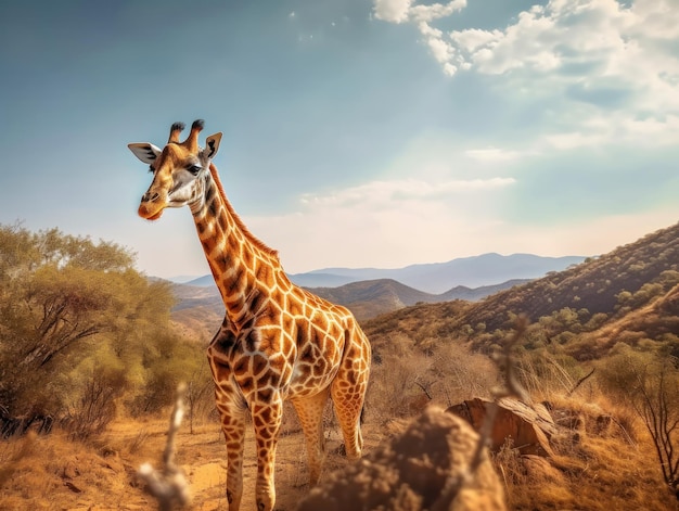 Giraffe in its Natural Habitat, Wildlife Photography: A graceful giraffe grazes in the sun-kissed African savannah, its long neck and spotted pattern standing out in the wild landscape.