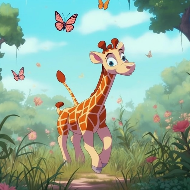 Giraffe in the jungle with butterflies