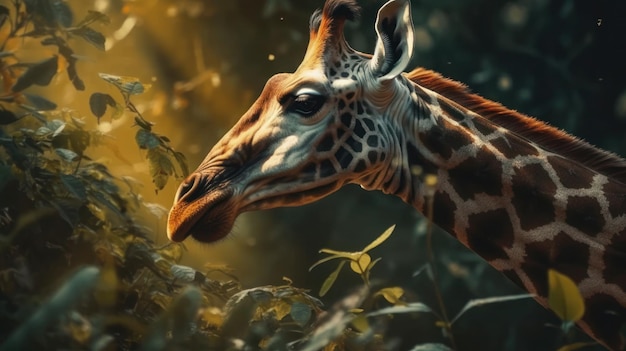 A giraffe in a jungle with leaves on the face