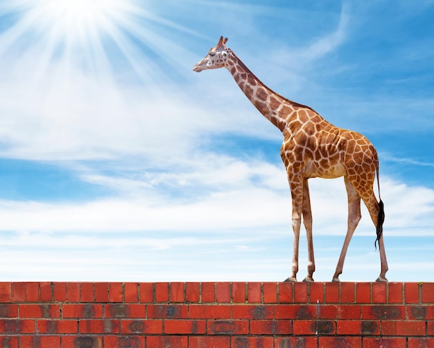 giraffe loopt op een bakstenen oppervlak