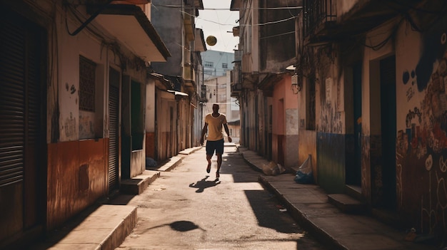 Giraffe Man Walking with Ball in Narrow Alleyway Generative AI