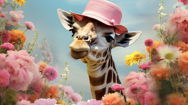 Giraffe met strohoed die in een veld van bloemen staat