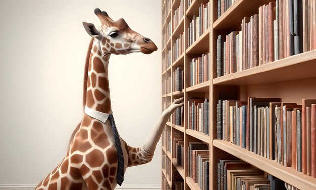 Photo a giraffe in a necktie reaching for books on a high shelf in a library intellectual side composition